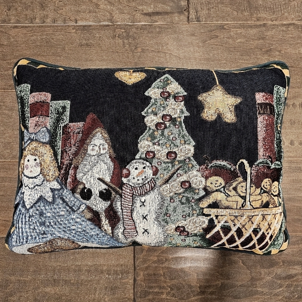 RARE Vintage Charming Tapestry Holiday Decorative Pillow with Christmas Scene